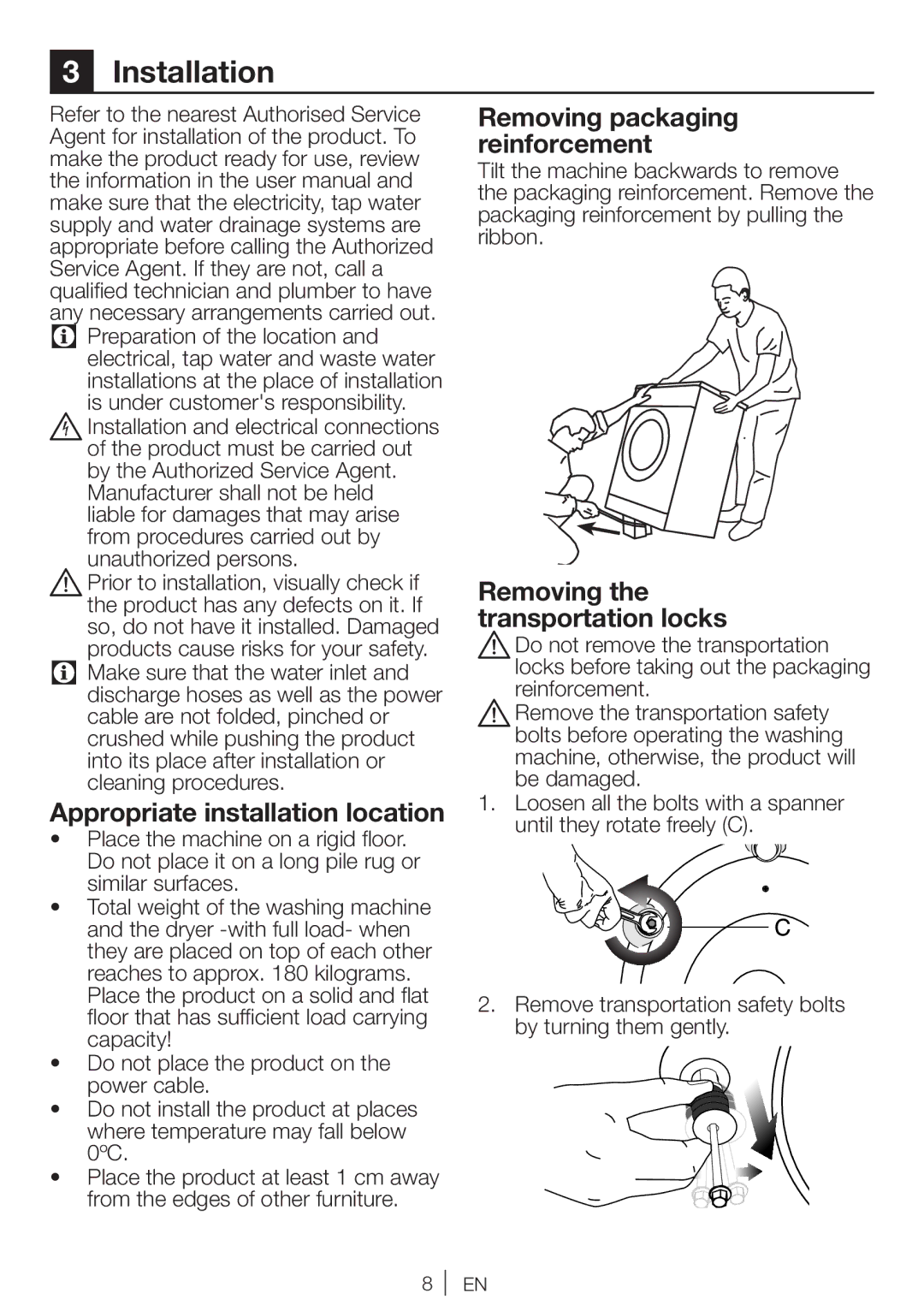 Beko WI 1382 user manual Installation, Appropriate installation location, Removing packaging reinforcement 