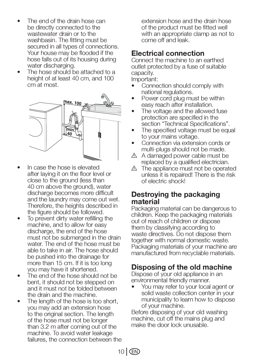 Beko WM 5100 S manual Electrical connection, Destroying the packaging material, Disposing of the old machine 