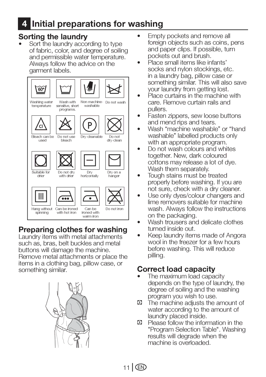 Beko WM 5100 S manual Initial preparations for washing, Sorting the laundry, Correct load capacity 