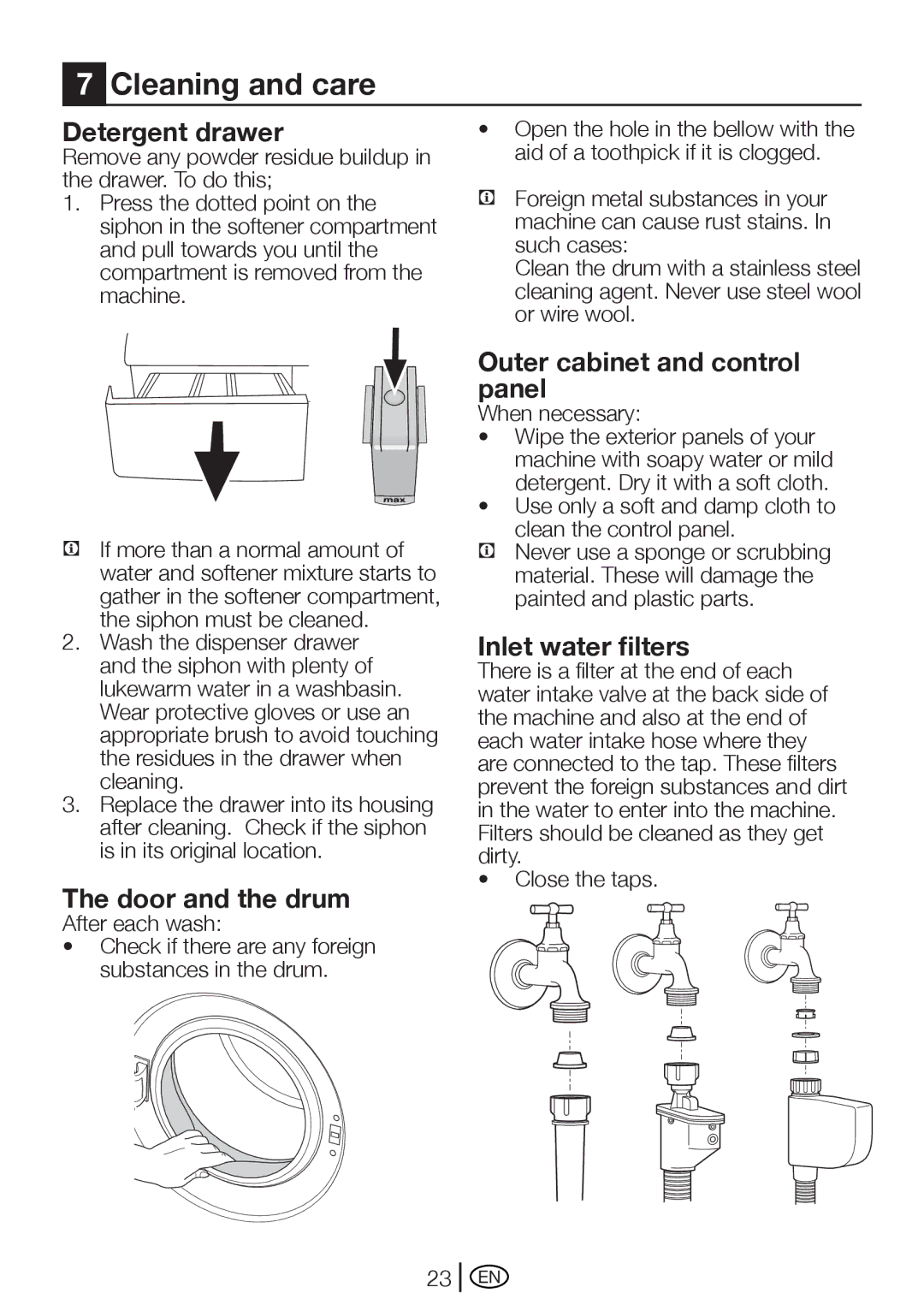 Beko WM 5100 S manual Cleaning and care, Detergent drawer, Door and the drum, Outer cabinet and control panel 