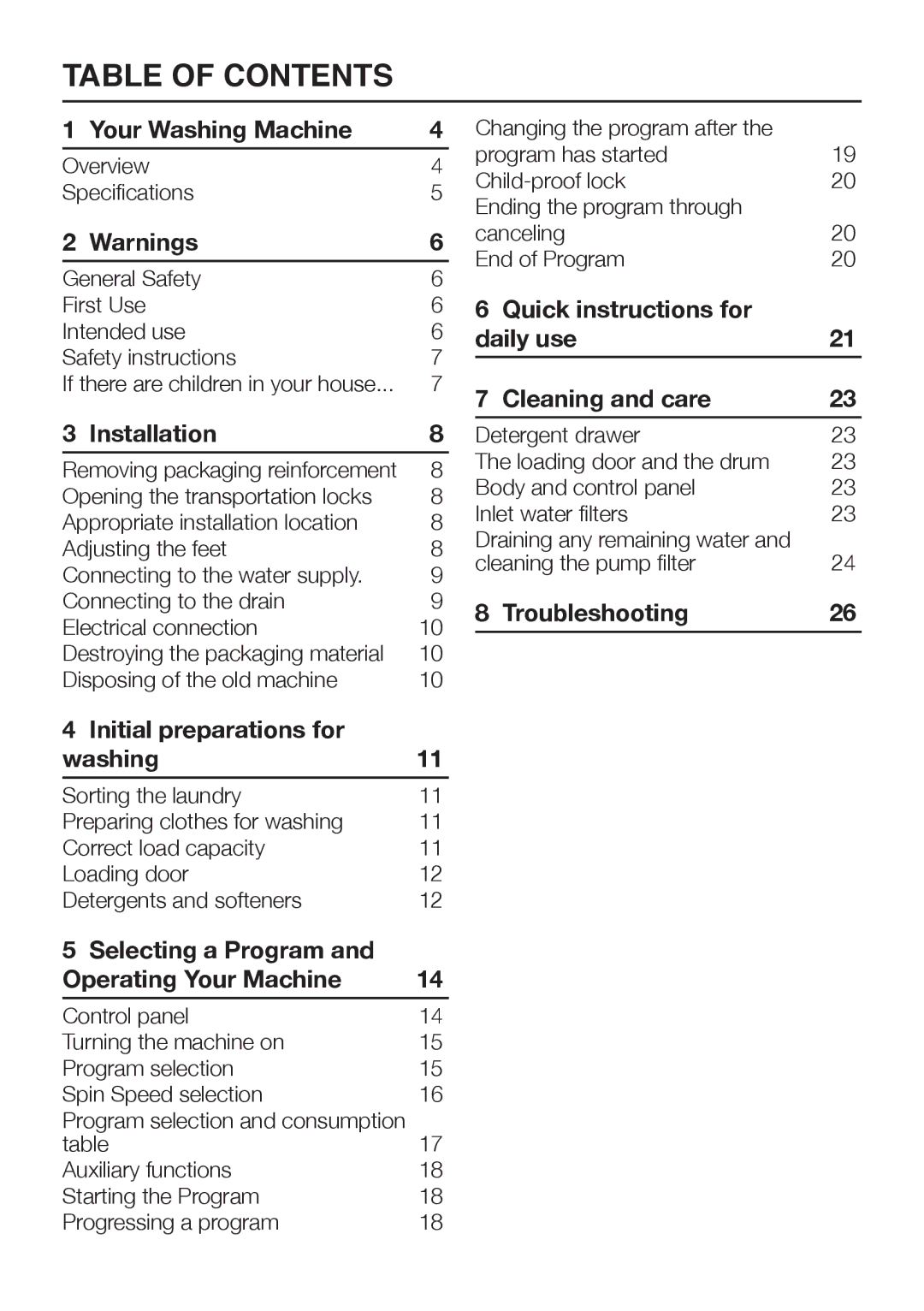 Beko WM 5100 S manual Table of Contents 