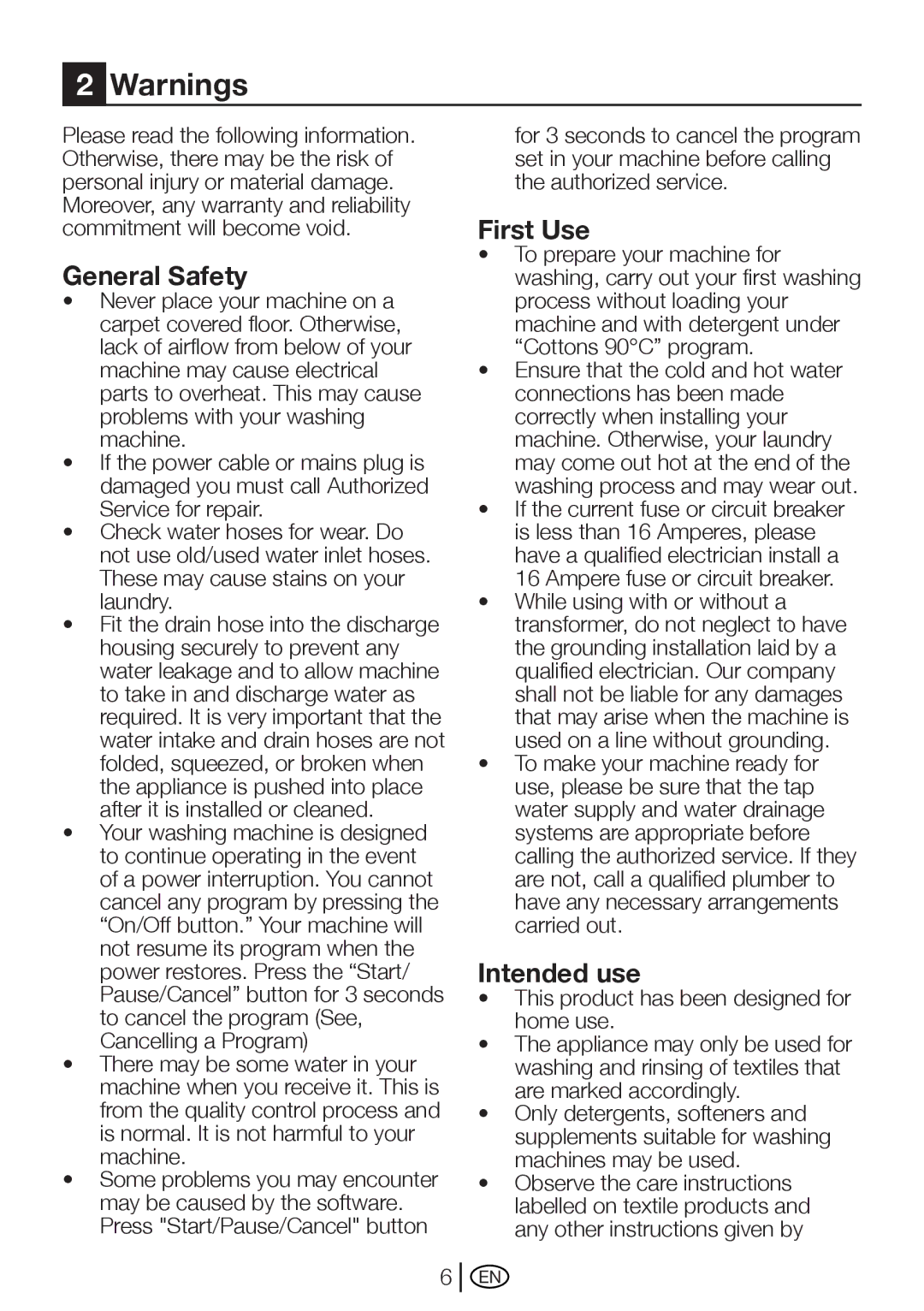 Beko WM 5100 S manual General Safety, First Use, Intended use 