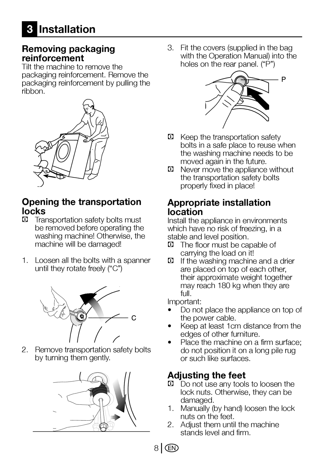 Beko WM 5100 S manual Installation, Removing packaging reinforcement, Opening the transportation locks, Adjusting the feet 