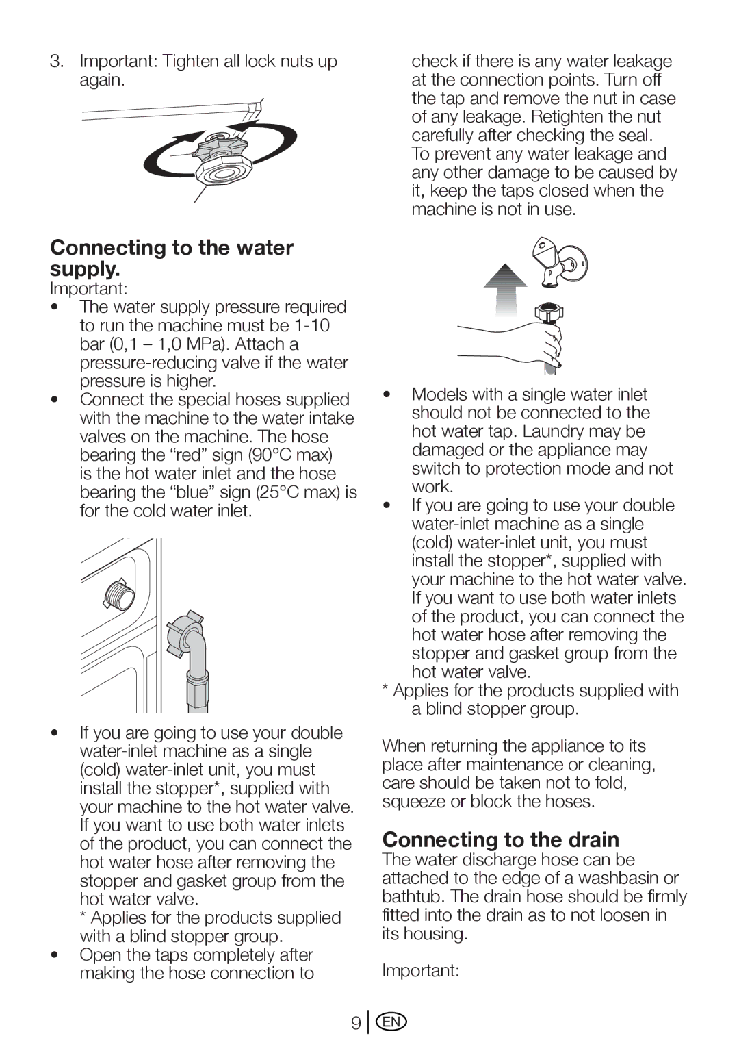 Beko WM 5100 S manual Connecting to the water supply, Connecting to the drain 