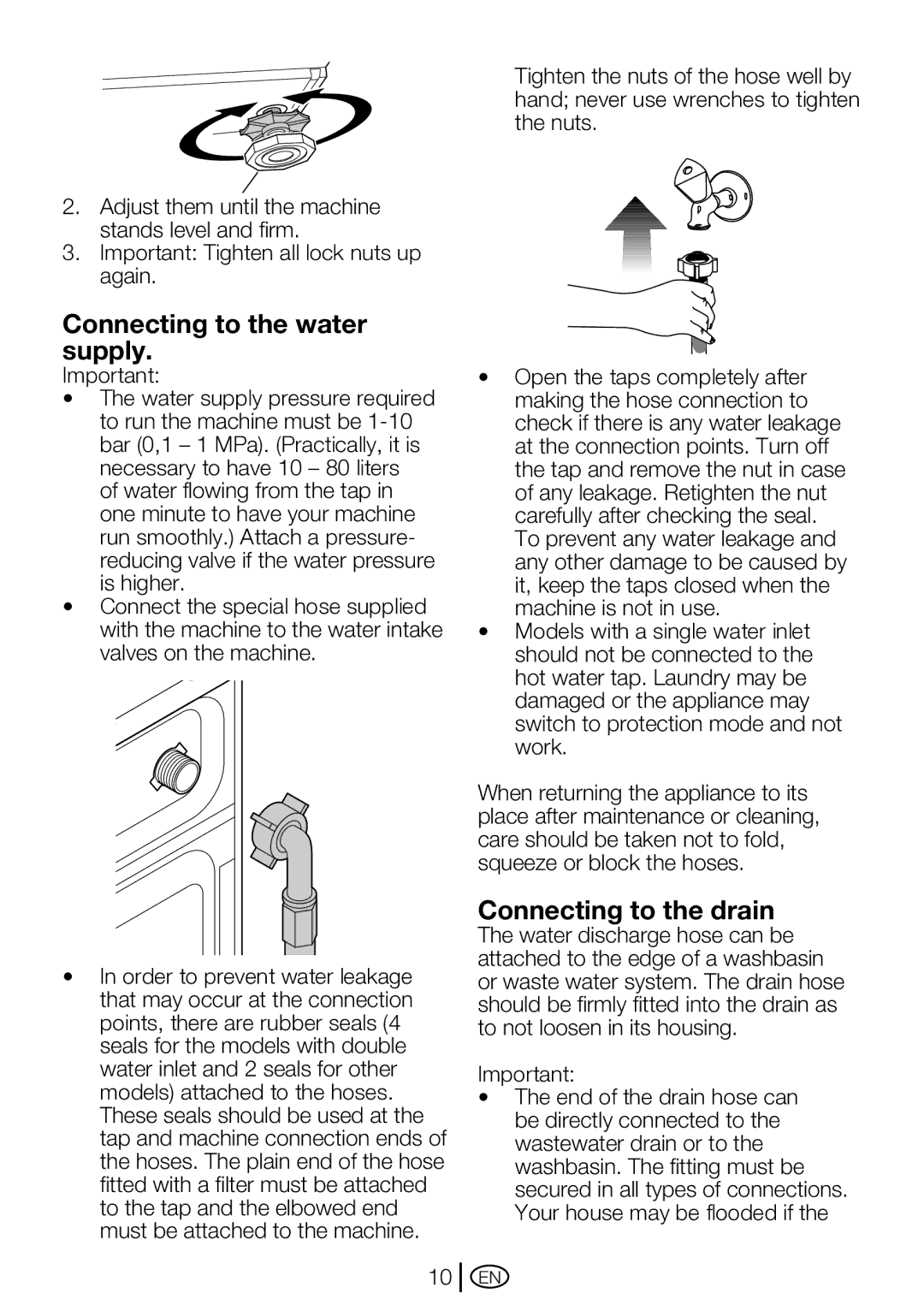 Beko WM 5140 W, WM 5140 S manual Connecting to the water supply, Connecting to the drain 