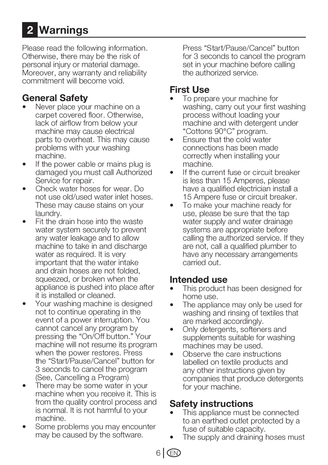 Beko WM 5140 W, WM 5140 S manual General Safety, First Use, Intended use, Safety instructions 