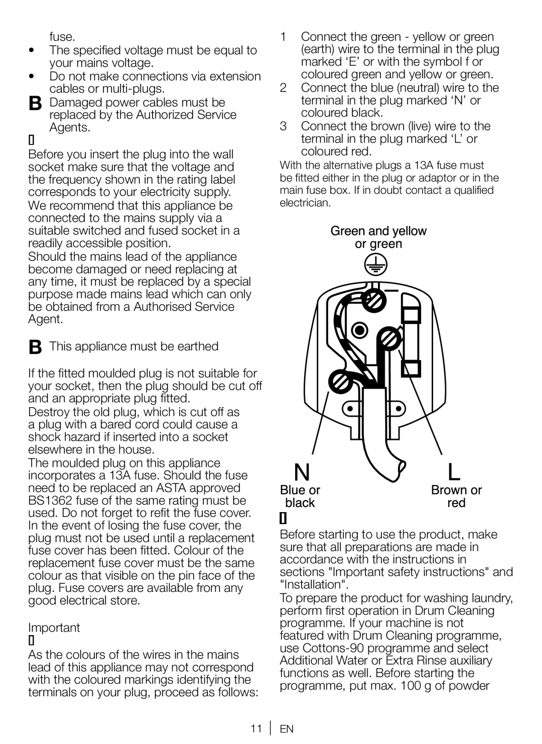 Beko WM 6103 W manual First use, Electrical requirements, Fitting a different plug 