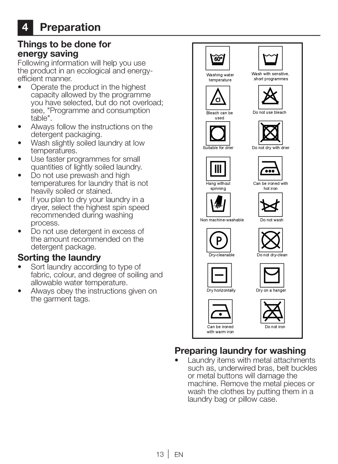 Beko WM 6103 W manual Preparation, Things to be done for energy saving, Sorting the laundry, Preparing laundry for washing 