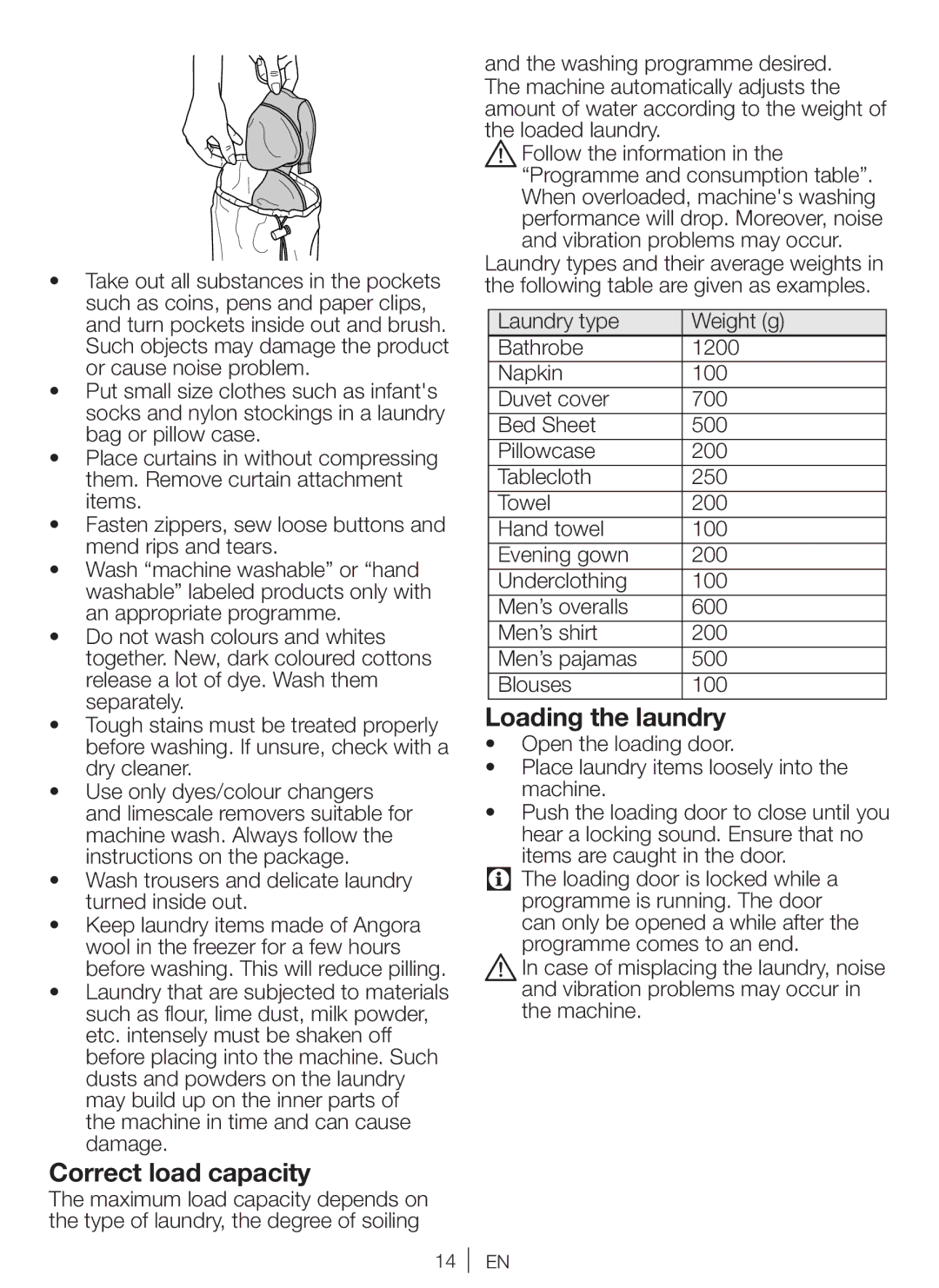 Beko WM 6103 W manual Correct load capacity, Loading the laundry 