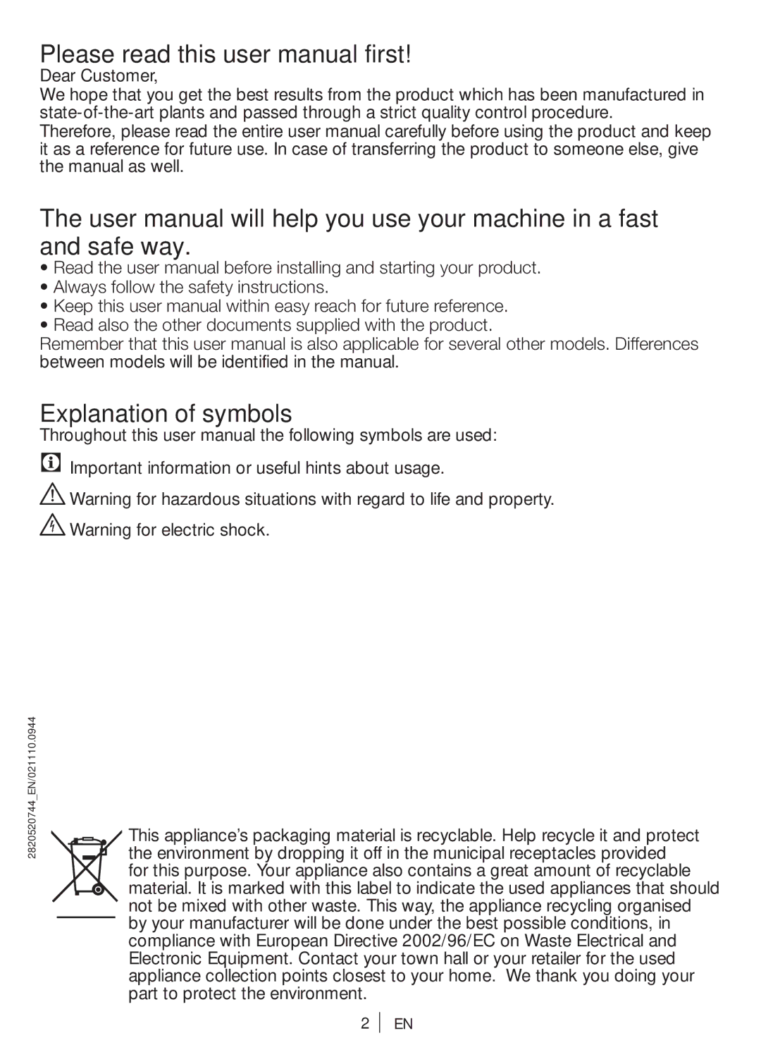 Beko WM 6103 W manual Explanation of symbols 