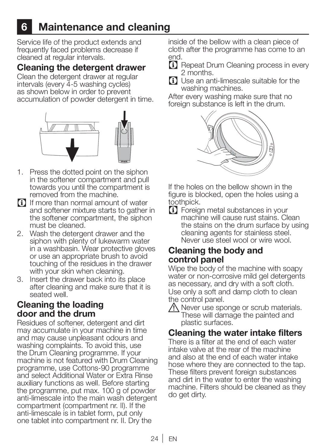 Beko WM 6103 W manual Maintenance and cleaning, Cleaning the detergent drawer, Cleaning the loading door and the drum 