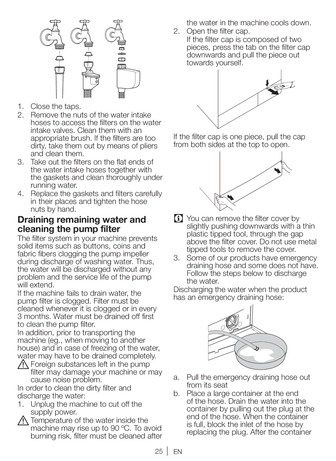 Beko WM 6103 W manual Draining remaining water and cleaning the pump filter 