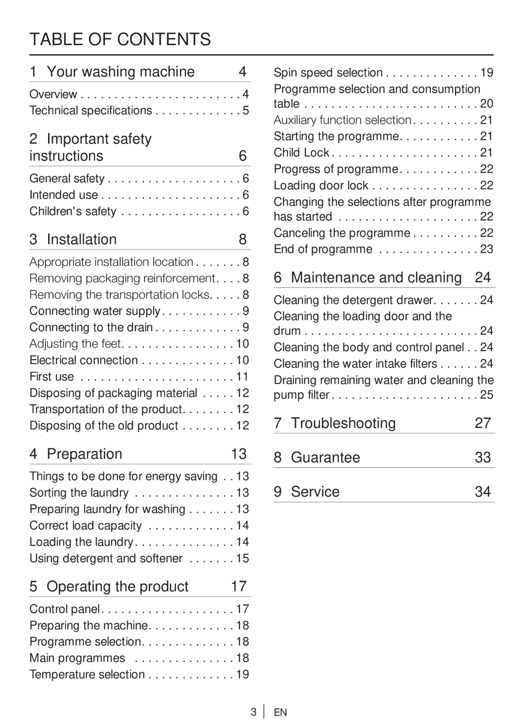 Beko WM 6103 W manual Table of Contents 