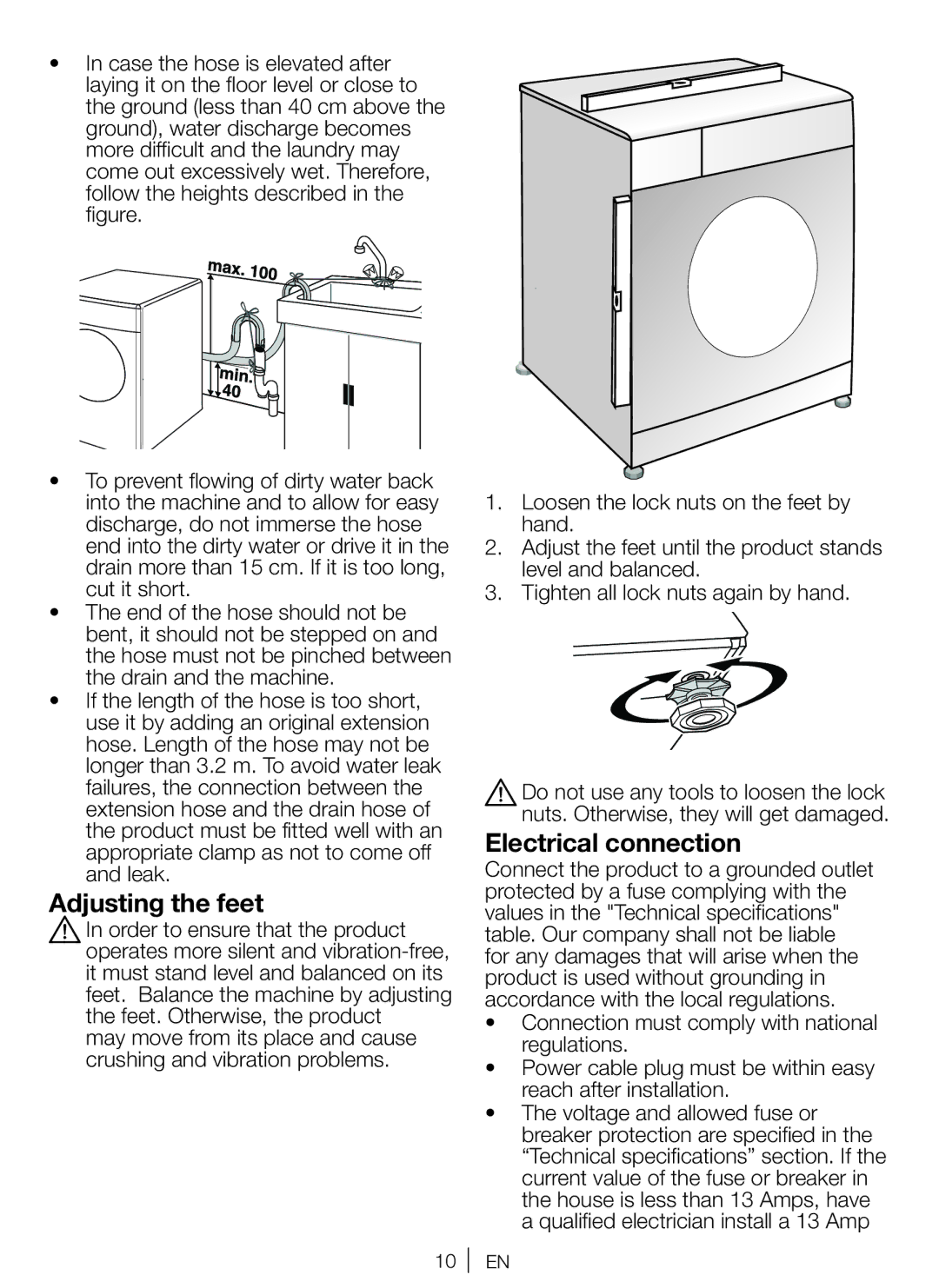 Beko WM 6111 W manual Adjusting the feet, Electrical connection 