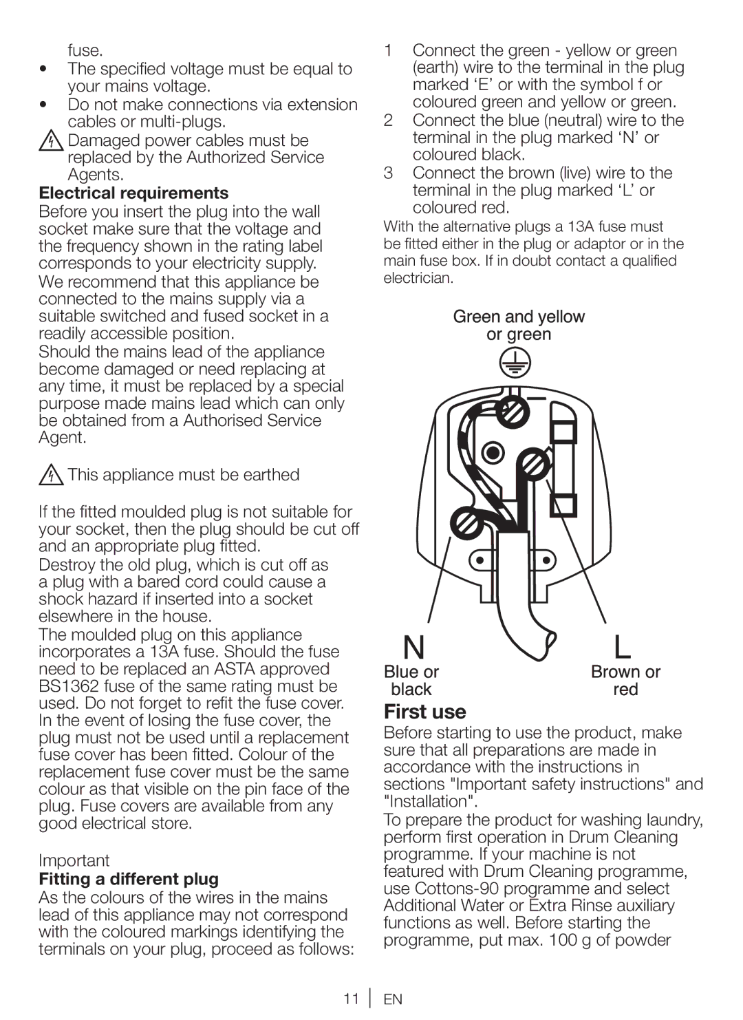 Beko WM 6111 W manual First use, Electrical requirements, Fitting a different plug 