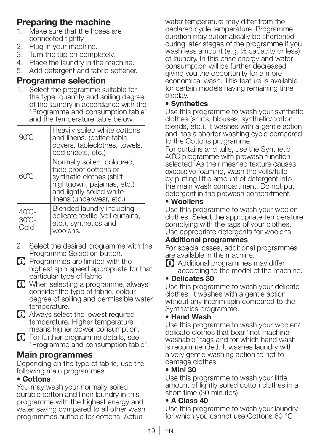 Beko WM 6111 W manual Preparing the machine, Programme selection, Main programmes 