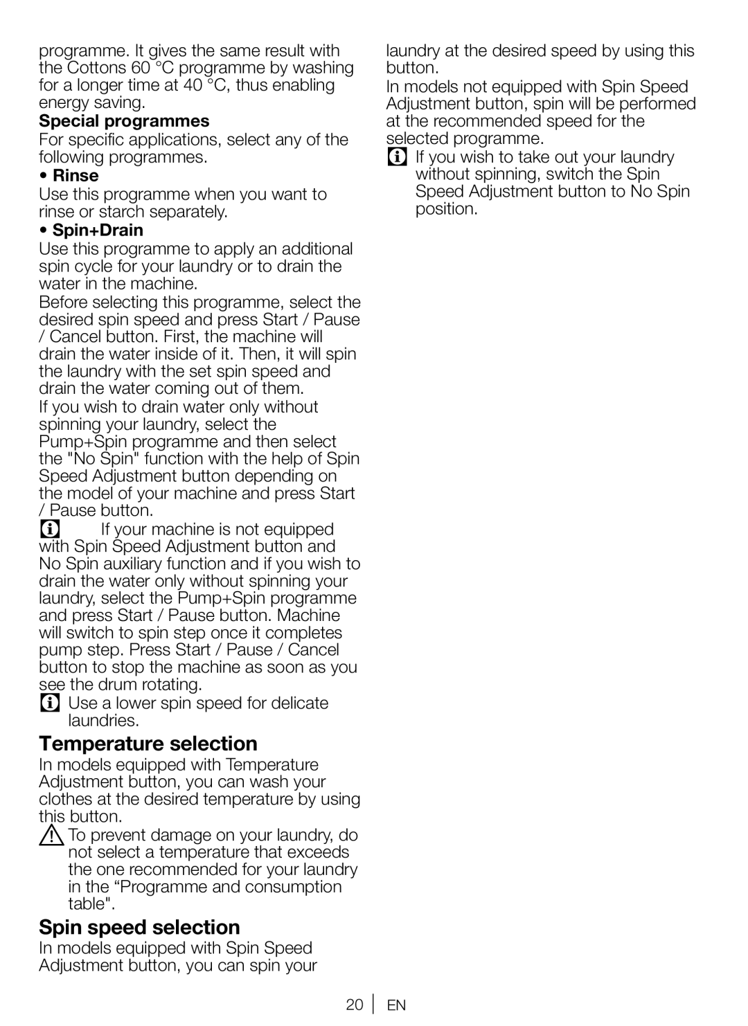 Beko WM 6111 W manual Temperature selection, Spin speed selection, Special programmes, Rinse, Spin+Drain 