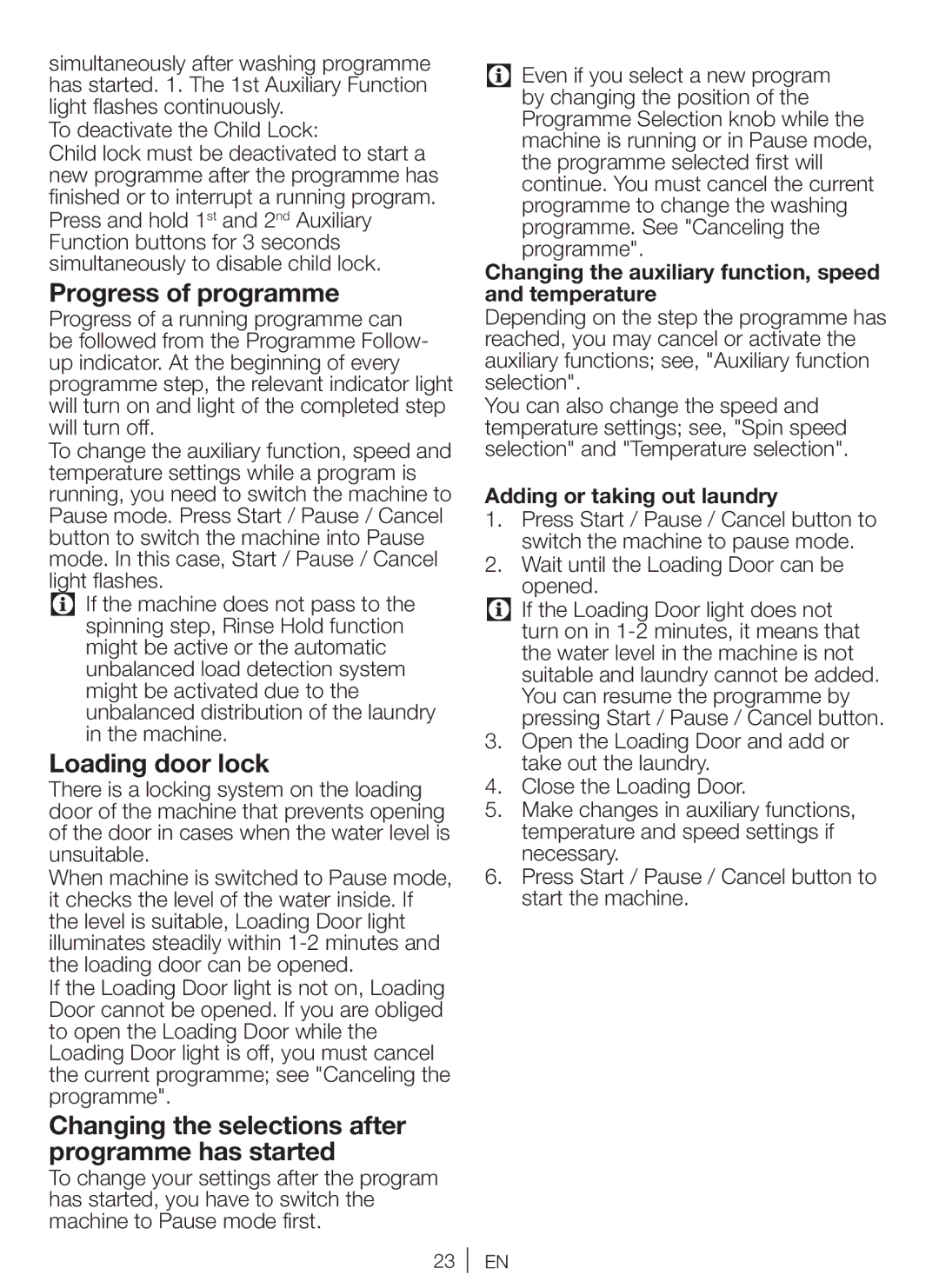 Beko WM 6111 W manual Progress of programme, Loading door lock, Changing the selections after programme has started 