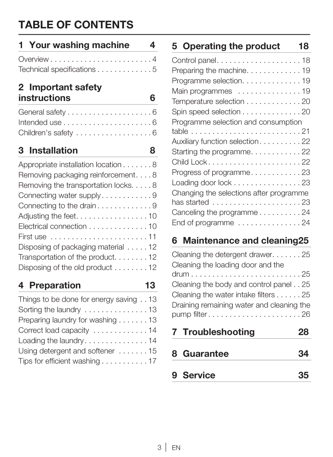 Beko WM 6111 W manual Table of Contents 