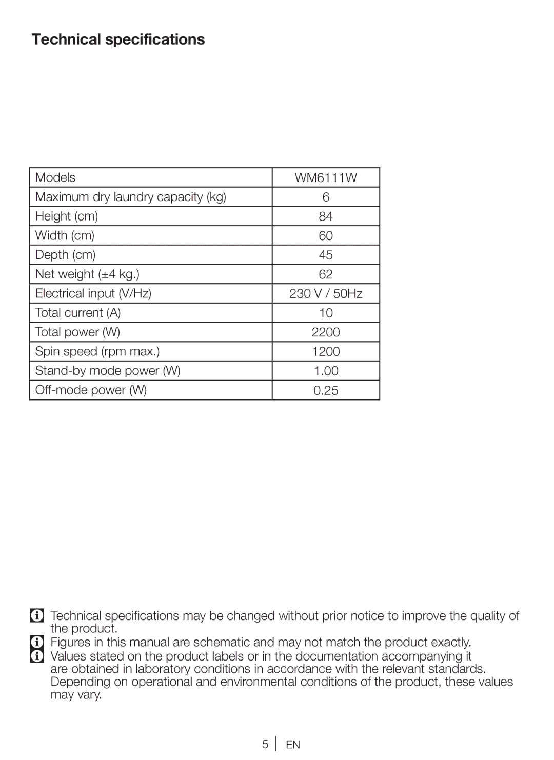 Beko WM 6111 W manual Technical specifications 