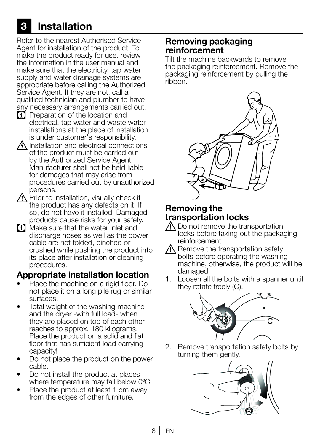 Beko WM 6111 W manual Installation, Appropriate installation location, Removing packaging reinforcement 