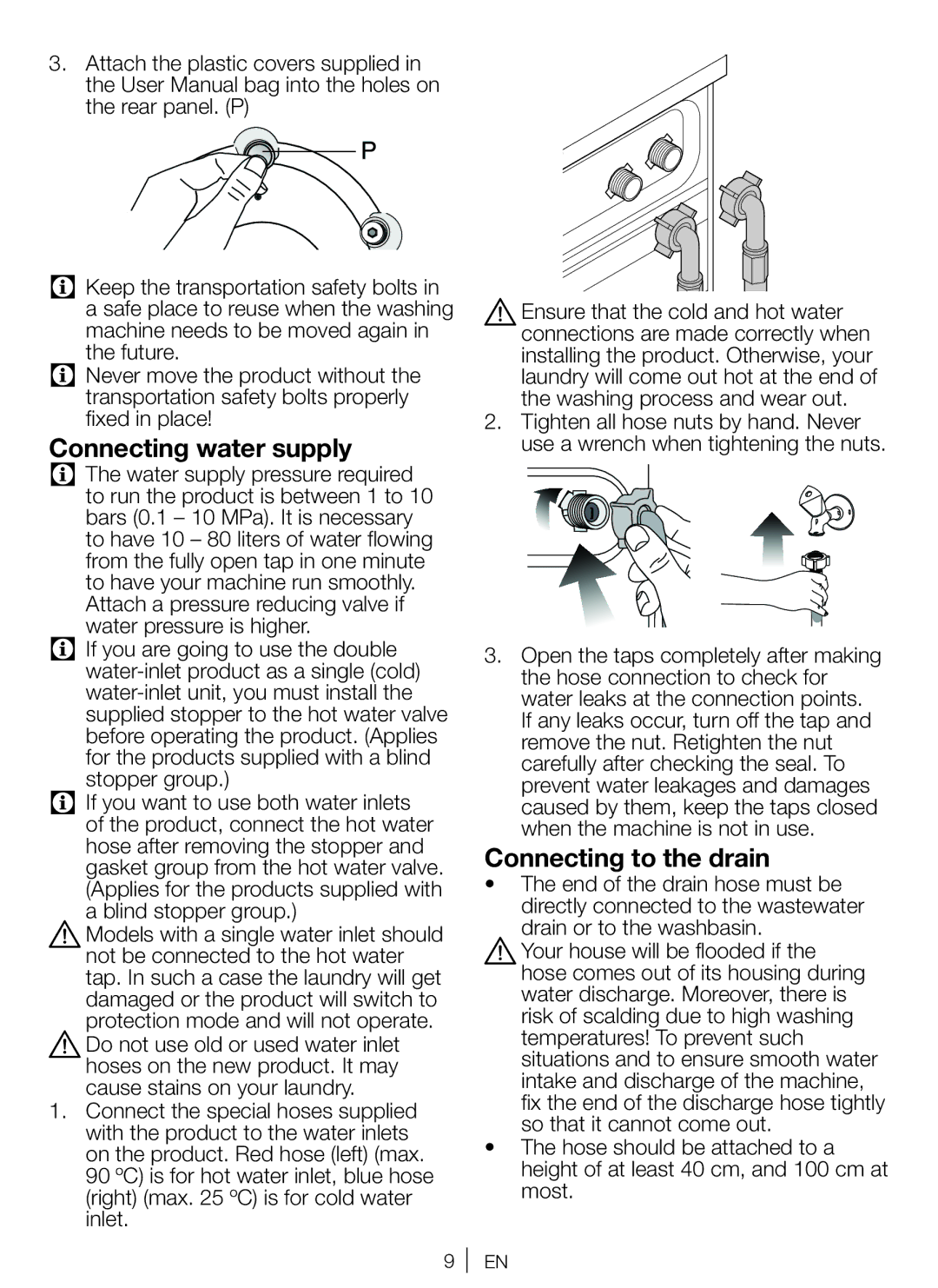 Beko WM 6111 W manual Connecting water supply, Connecting to the drain 