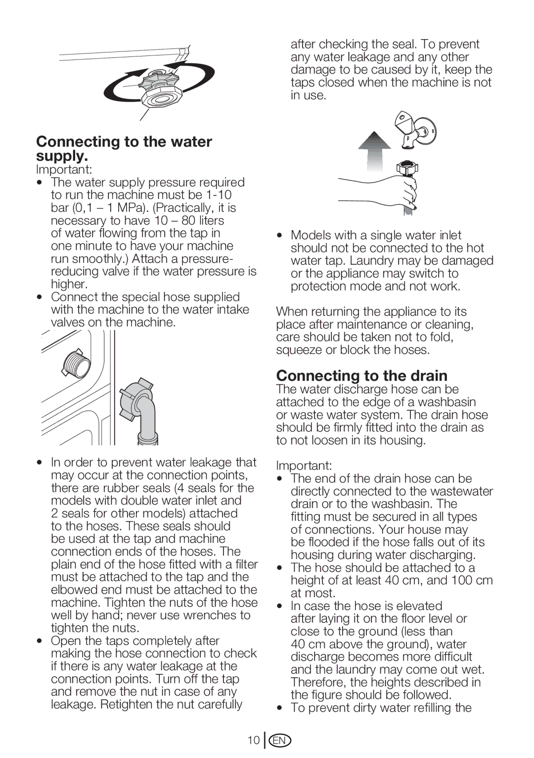 Beko WM 6123 S, WM 6103 W manual Connecting to the water supply, Connecting to the drain 