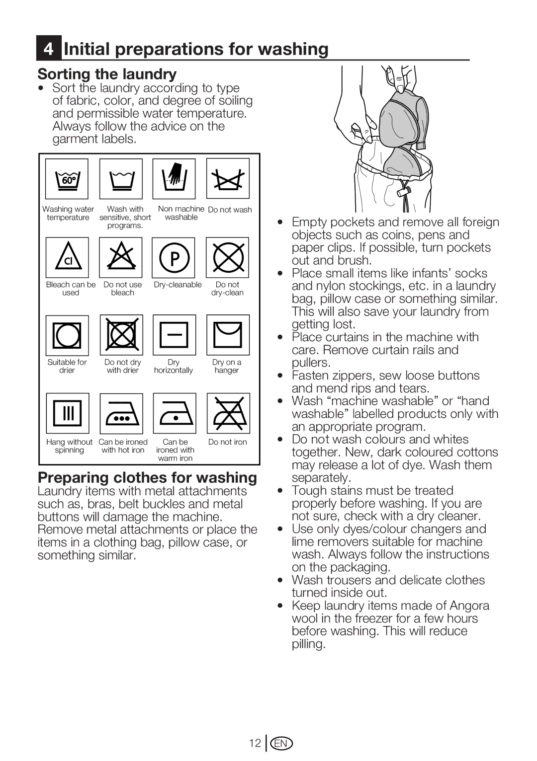 Beko WM 6123 S, WM 6103 W manual Initial preparations for washing, Sorting the laundry, Preparing clothes for washing 