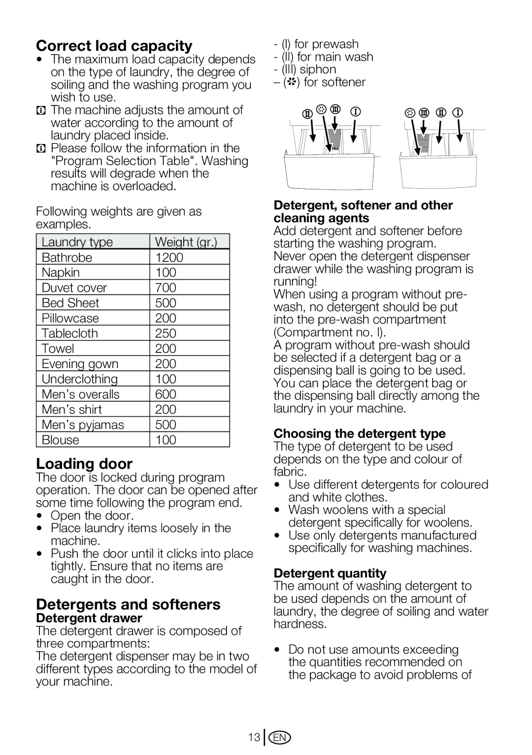 Beko WM 6103 W, WM 6123 S manual Correct load capacity, Loading door, Detergents and softeners 