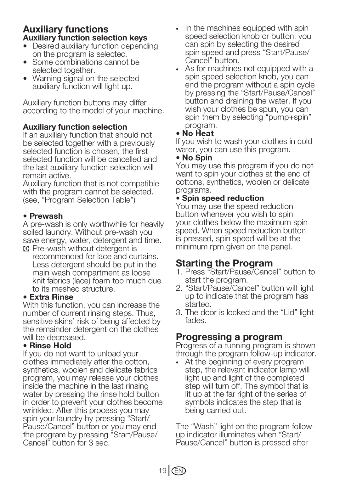 Beko WM 6103 W, WM 6123 S manual Auxiliary functions, Starting the Program, Progressing a program 