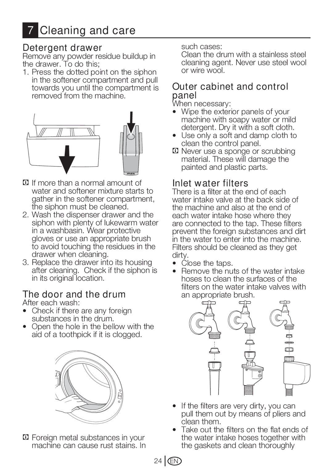 Beko WM 6123 S, WM 6103 W manual Cleaning and care, Detergent drawer, Door and the drum, Outer cabinet and control panel 