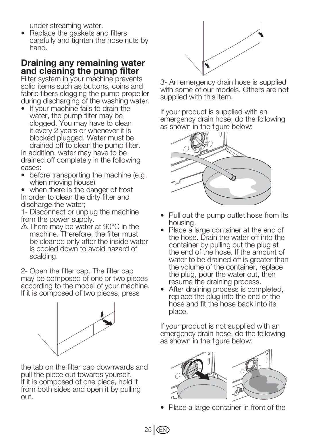 Beko WM 6103 W, WM 6123 S manual Draining any remaining water and cleaning the pump filter 