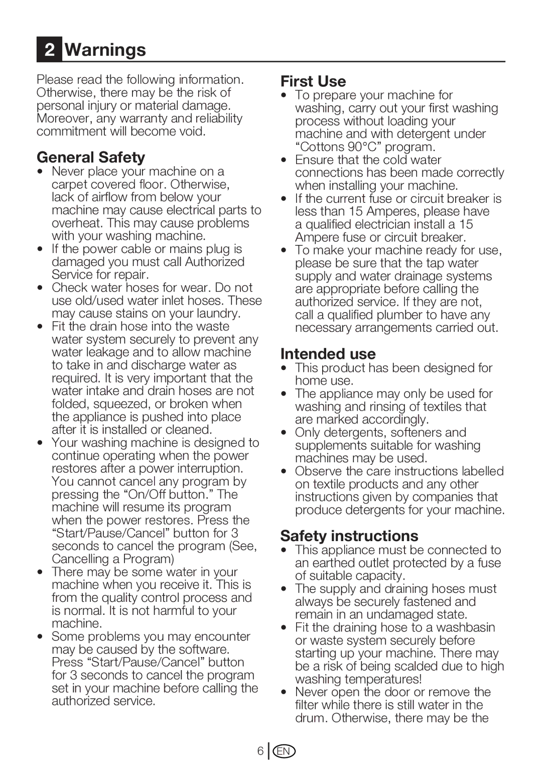 Beko WM 6123 S, WM 6103 W manual General Safety, First Use, Intended use, Safety instructions 