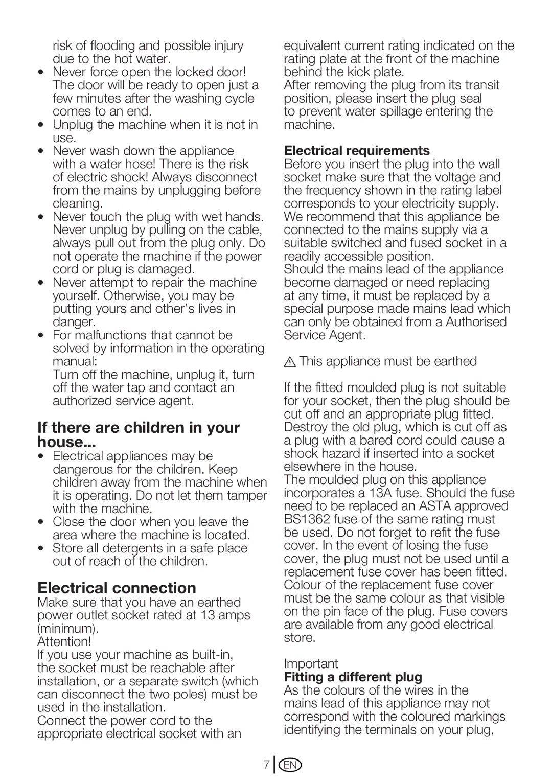 Beko WM 6103 W, WM 6123 S manual If there are children in your House, Electrical connection, Electrical requirements 