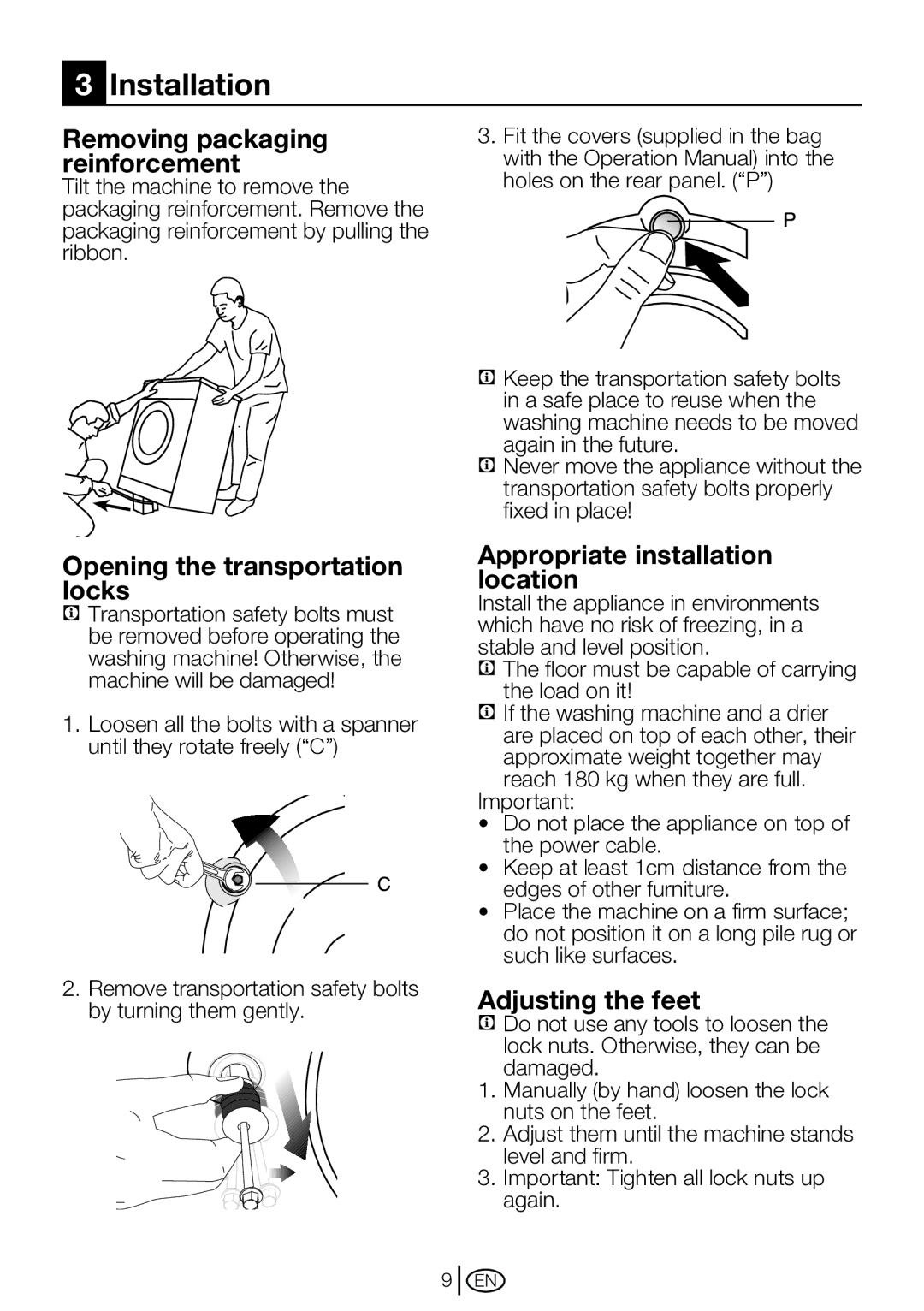 Beko WM 6103 W manual Installation, Removing packaging reinforcement, Opening the transportation locks, Adjusting the feet 