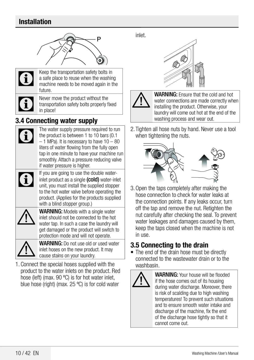 Beko WMB 81442 LW user manual Installation, Connecting water supply, Connecting to the drain, 10 / 42 EN 