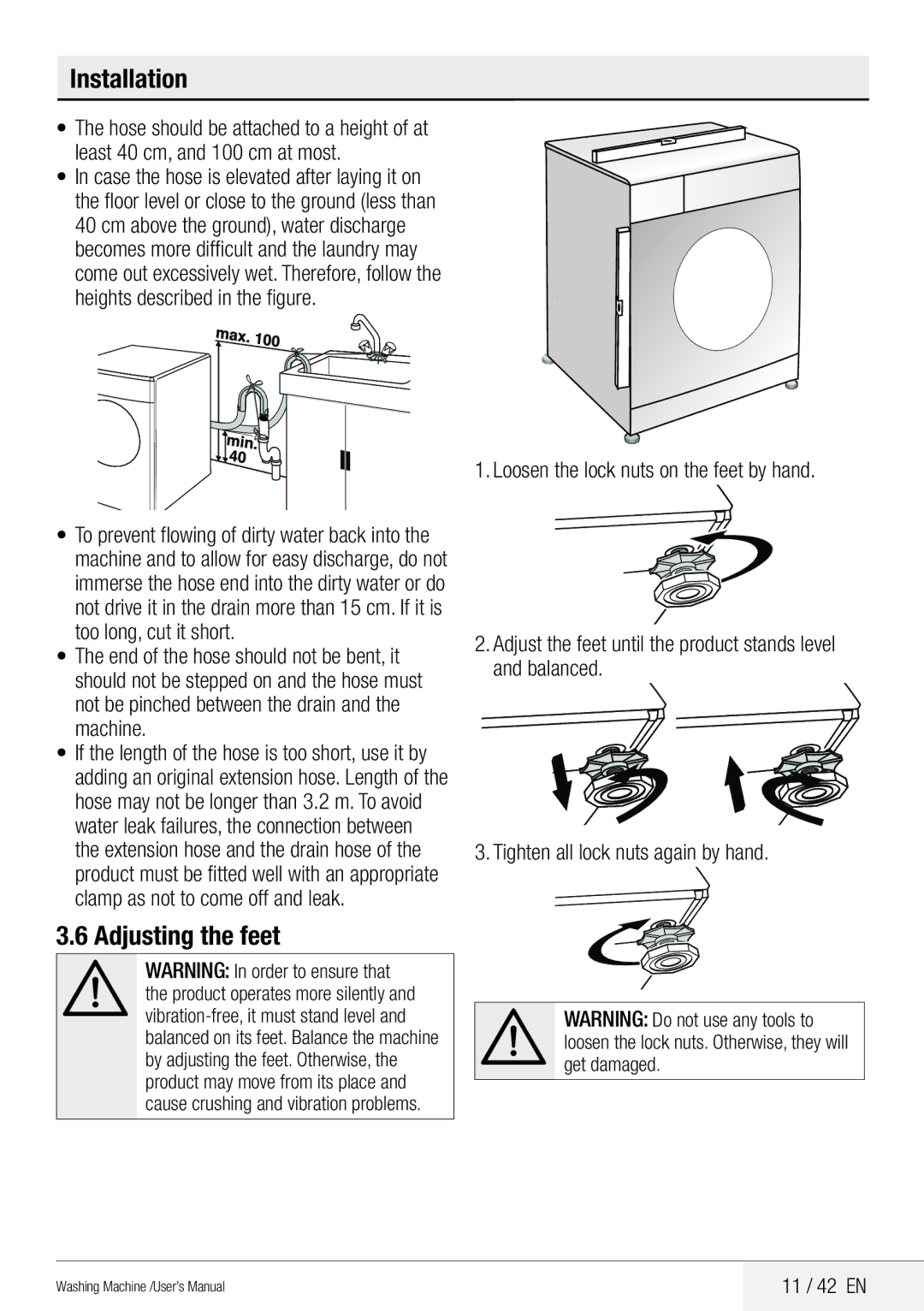 Beko WMB 81442 LW user manual Adjusting the feet, 11 / 42 EN, Get damaged 