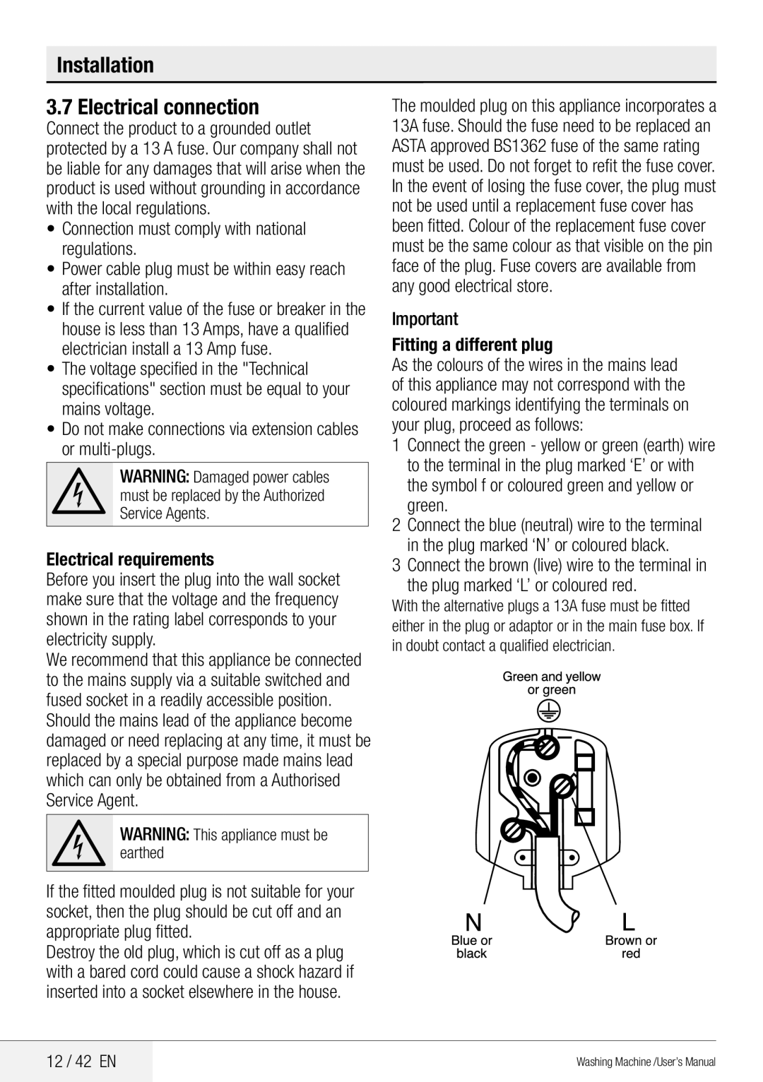 Beko WMB 81442 LW user manual Installation Electrical connection, Fitting a different plug, 12 / 42 EN 