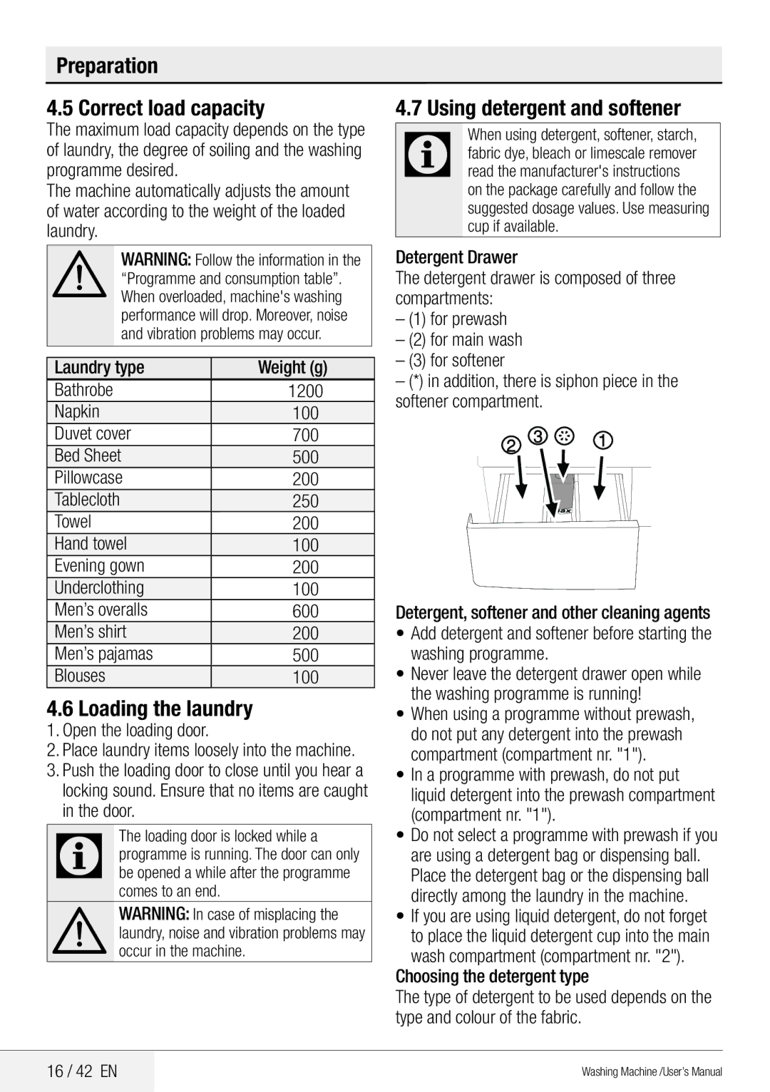 Beko WMB 81442 LW user manual Preparation Correct load capacity, Loading the laundry, Using detergent and softener 