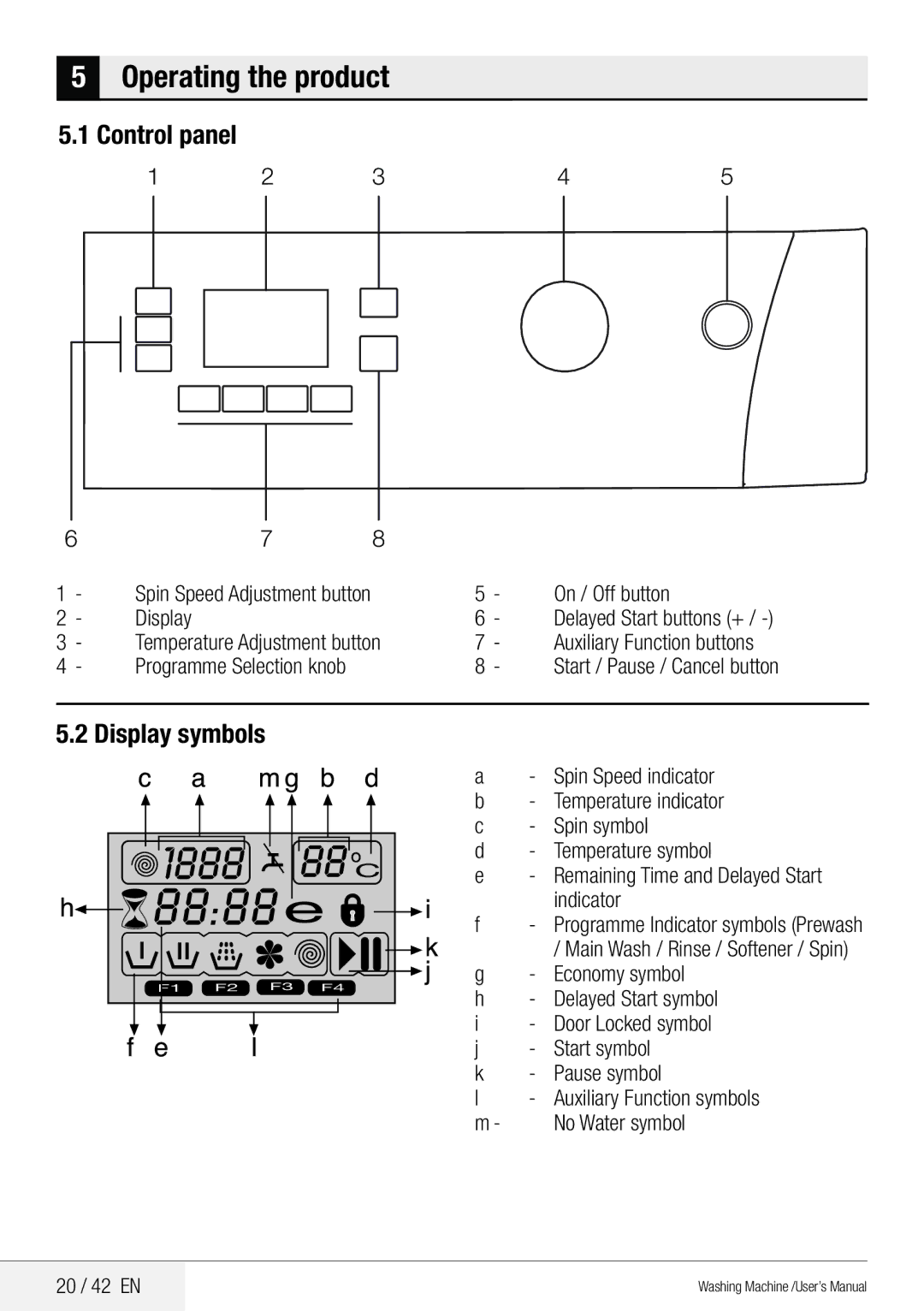 Beko WMB 81442 LW user manual Operating the product, Control panel, Display symbols, On / Off button 