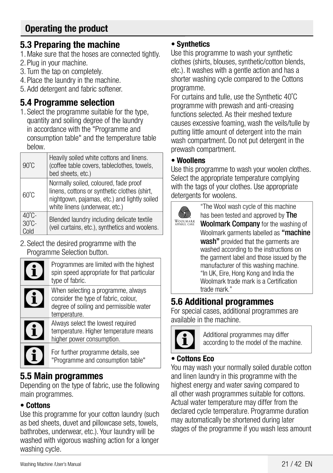 Beko WMB 81442 LW Operating the product Preparing the machine, Programme selection, Main programmes, Additional programmes 