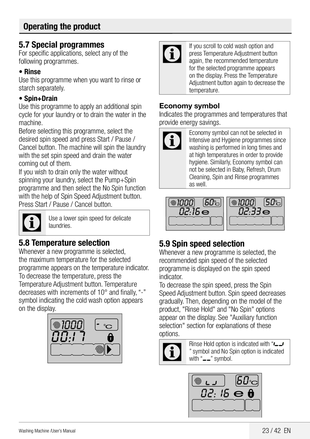 Beko WMB 81442 LW Operating the product Special programmes, Temperature selection, Spin speed selection, 23 / 42 EN 