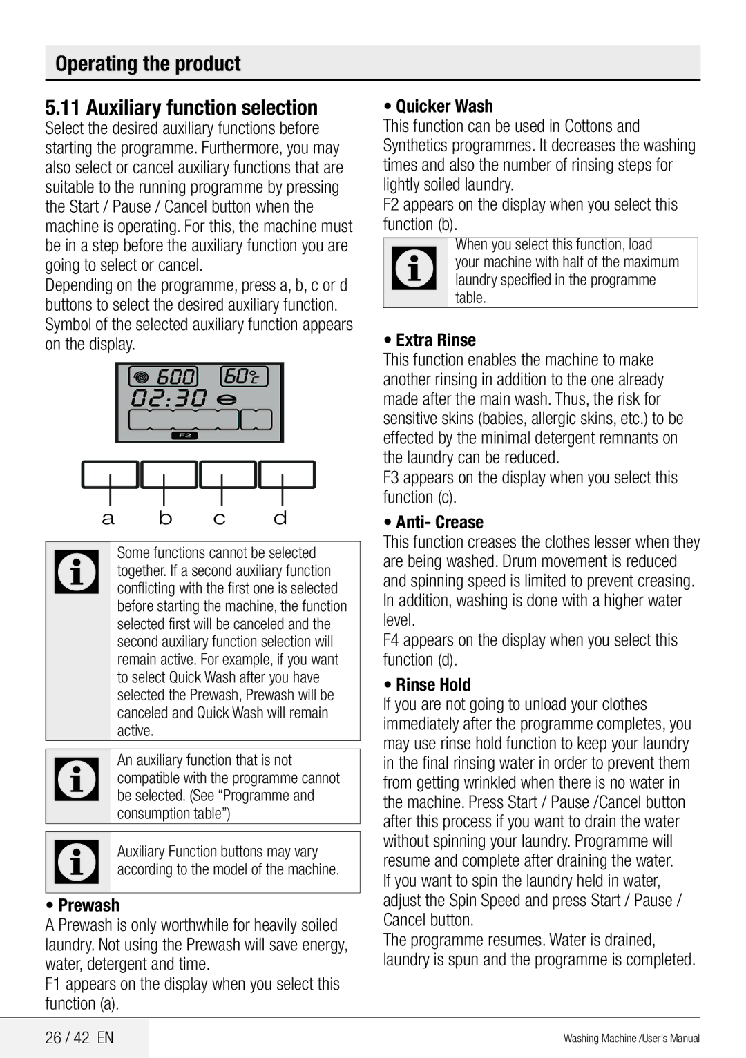 Beko WMB 81442 LW user manual Operating the product Auxiliary function selection, Prewash, Extra Rinse, 26 / 42 EN 