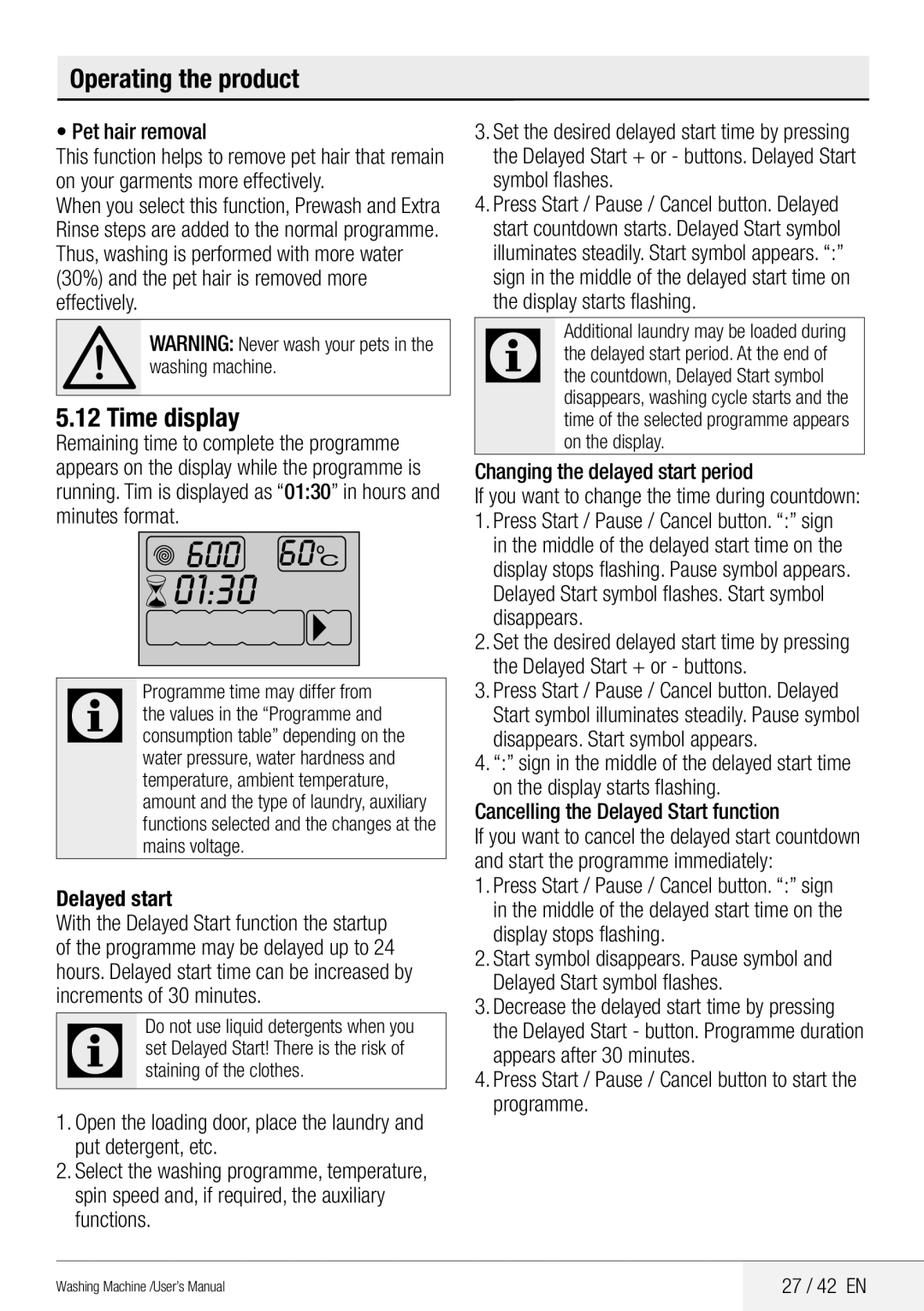 Beko WMB 81442 LW user manual Time display 