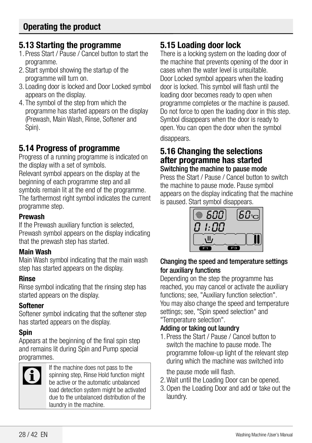 Beko WMB 81442 LW user manual Operating the product Starting the programme, Progress of programme, Loading door lock 