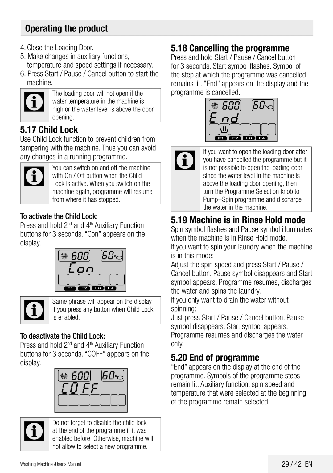Beko WMB 81442 LW user manual Child Lock, Cancelling the programme, Machine is in Rinse Hold mode, End of programme 