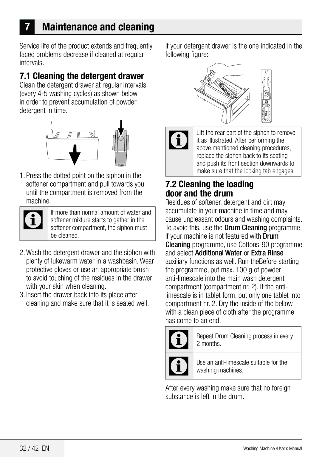 Beko WMB 81442 LW user manual Cleaning the detergent drawer, Cleaning the loading door and the drum, Months 