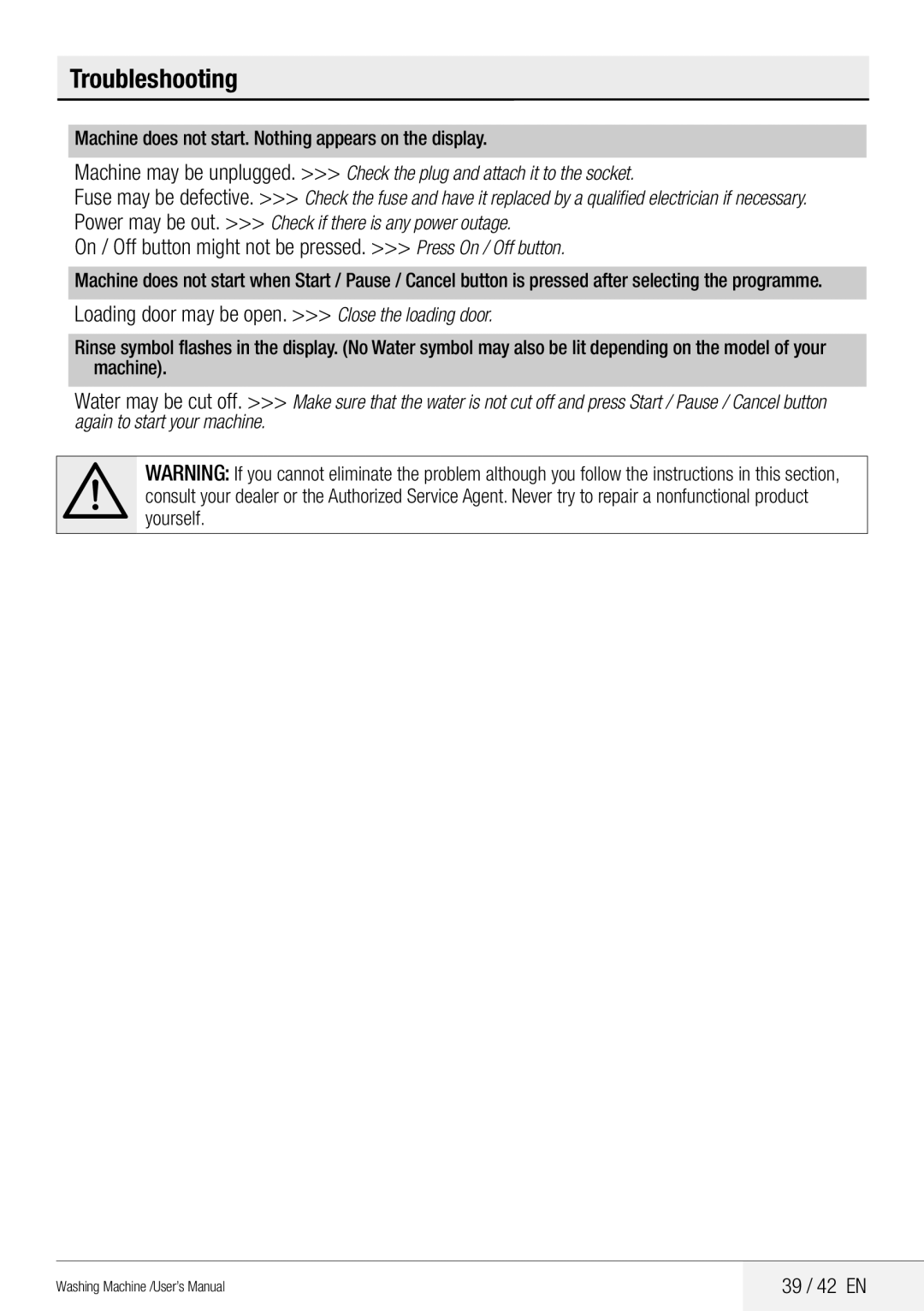 Beko WMB 81442 LW user manual On / Off button might not be pressed. Press On / Off button, 39 / 42 EN 