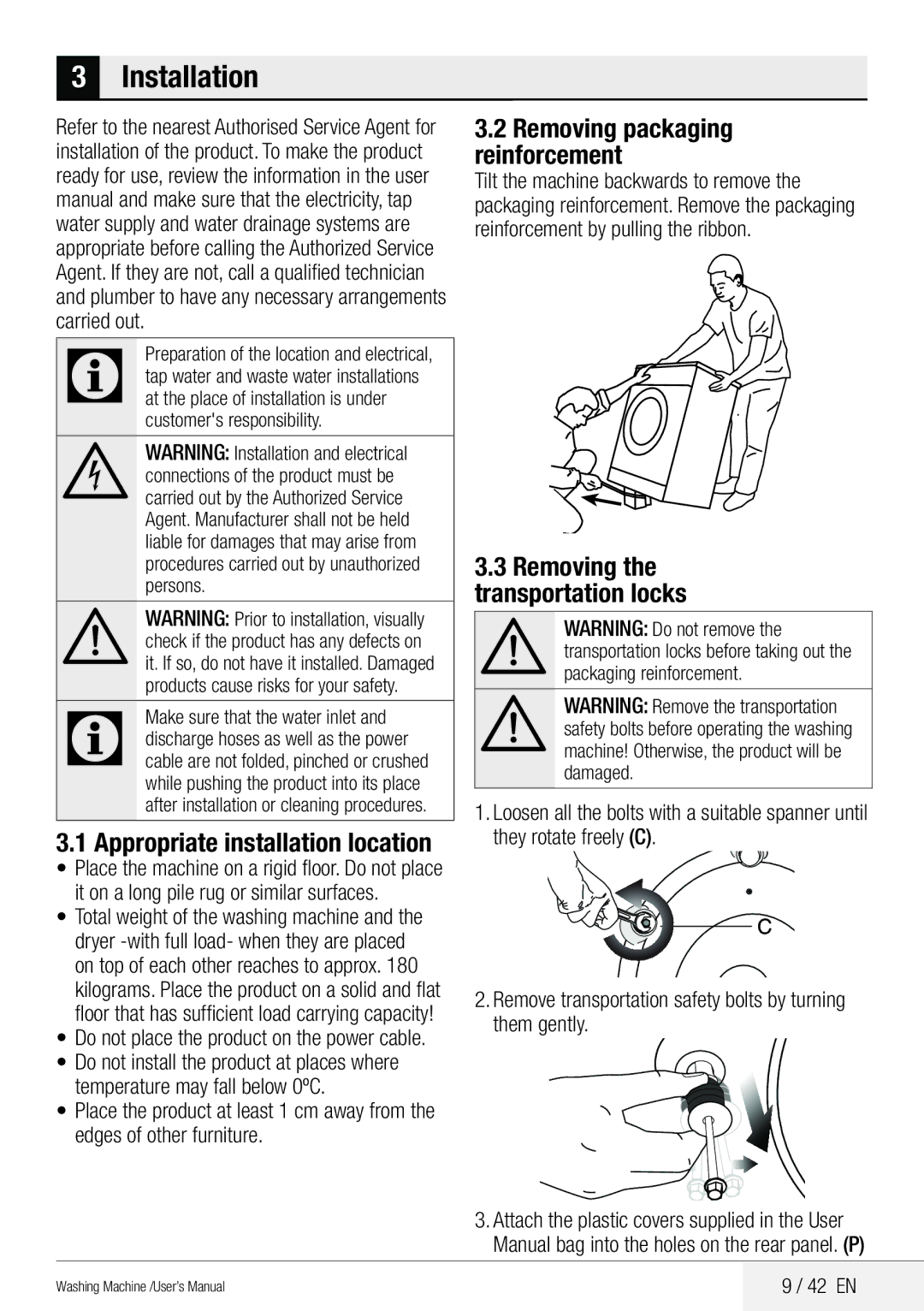 Beko WMB 81442 LW user manual Installation, Appropriate installation location, Removing packaging reinforcement 