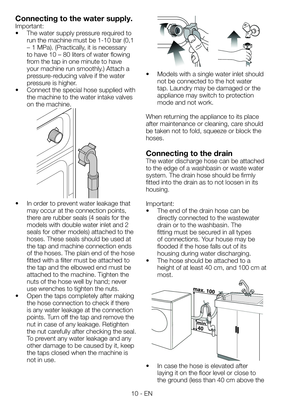 Beko WMB81445L manual Connecting to the water supply, Connecting to the drain 